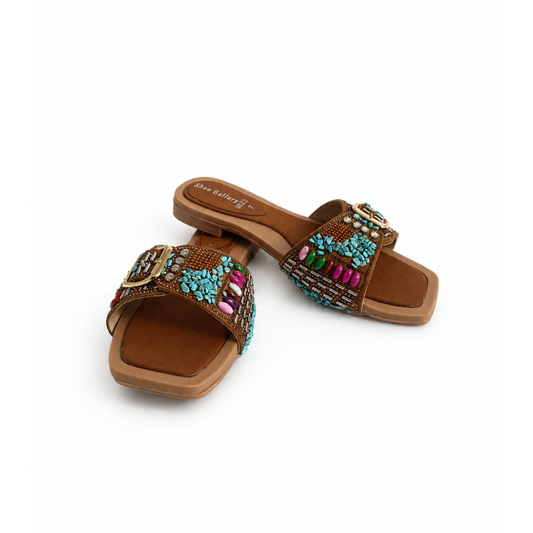 Turquoise Mosaic Buckle Slides
