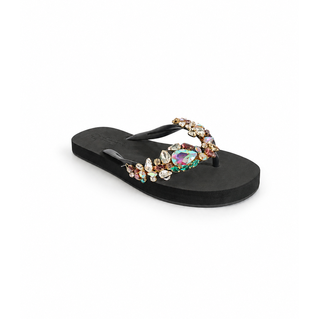 Midnight Aura Crystal Embellished Flip Flops – Black