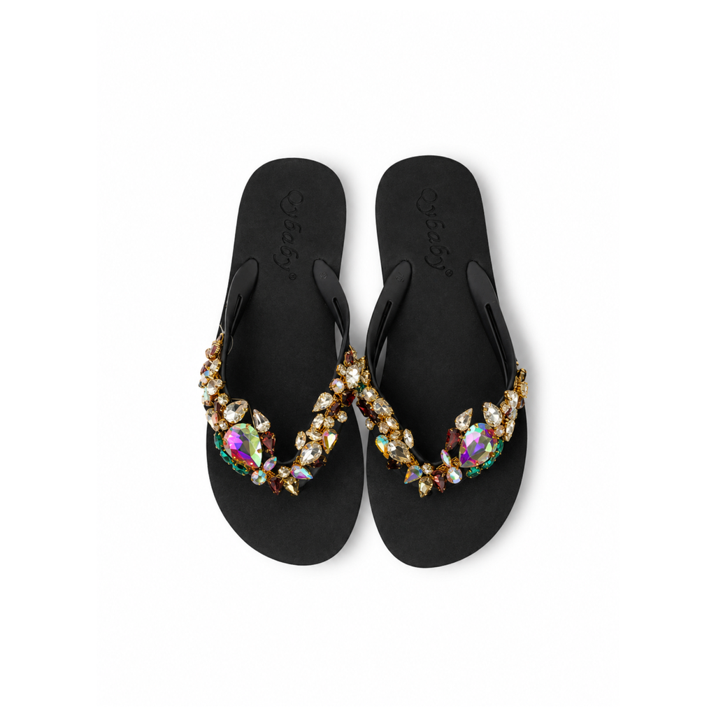 Midnight Aura Crystal Embellished Flip Flops – Black