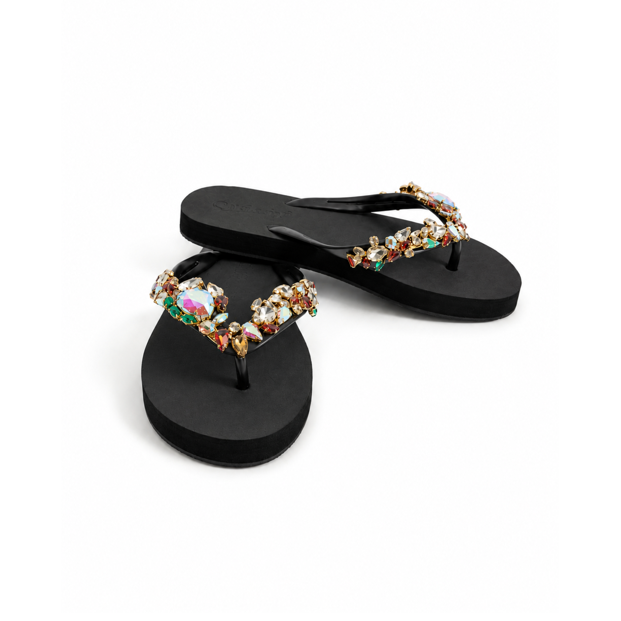 Midnight Aura Crystal Embellished Flip Flops – Black
