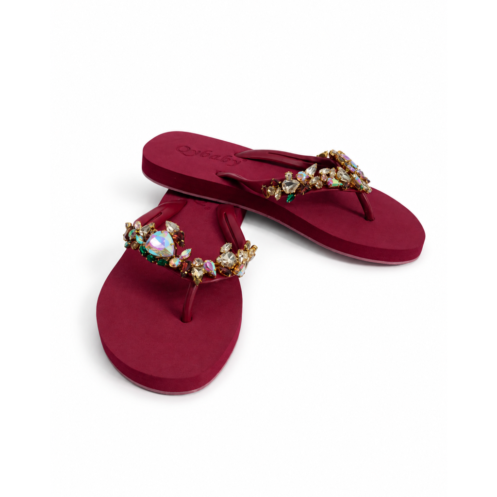 Ruby Luxe Crystal Embellished Flip Flops – Burgundy
