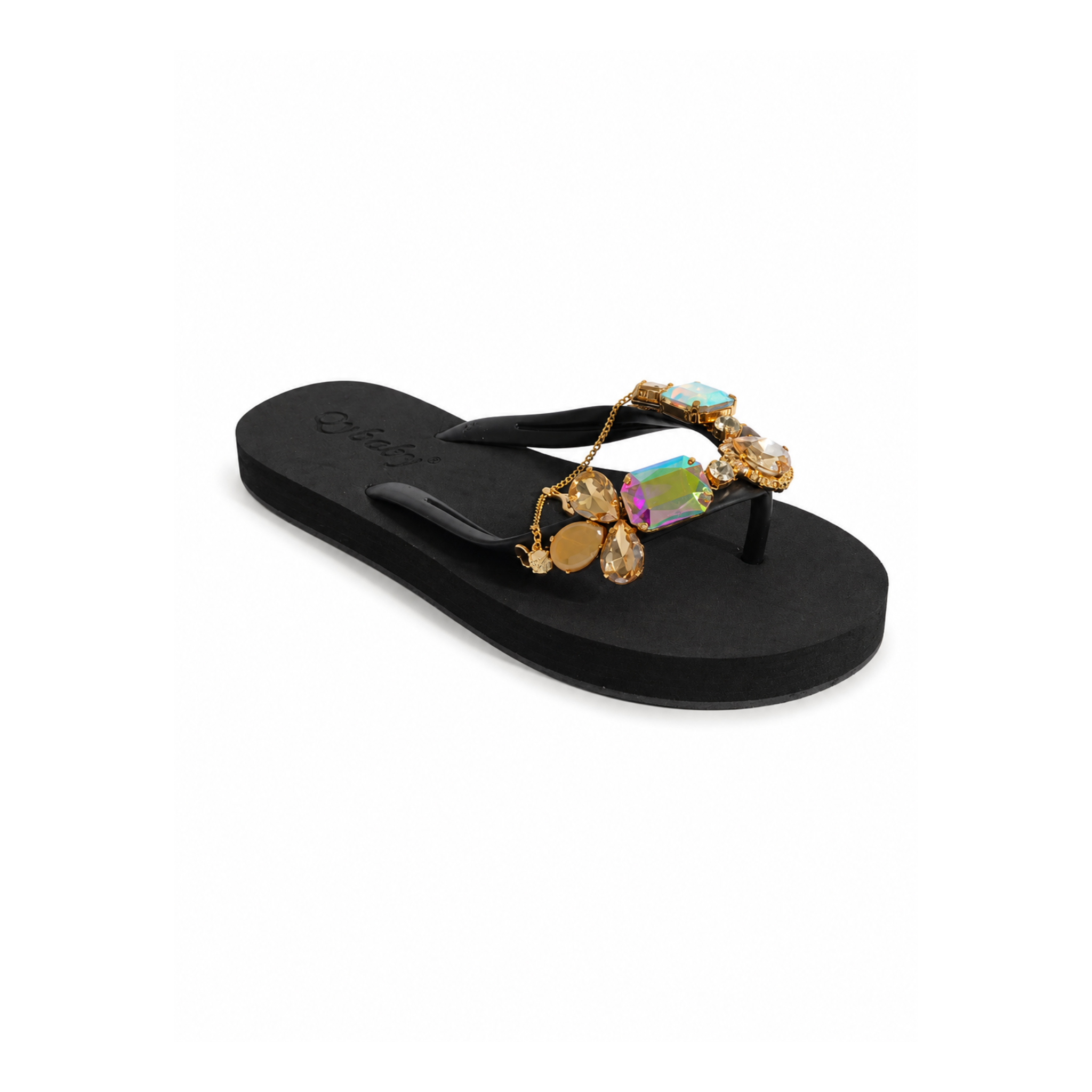 Aurora Luxe Crystal Charm Flip Flops – Black
