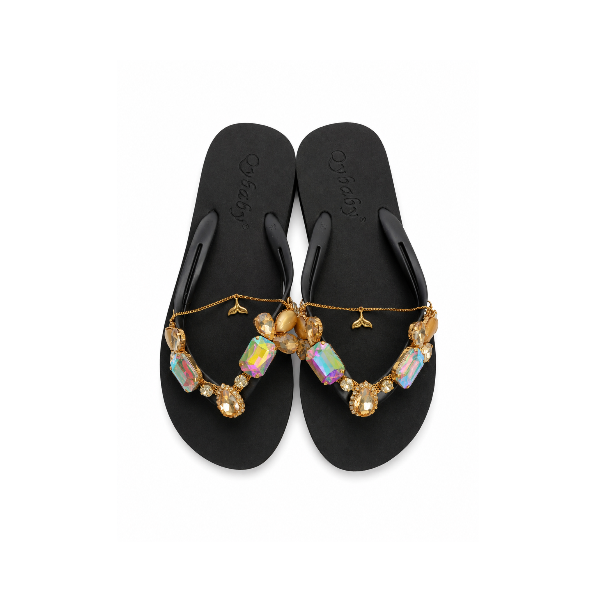 Aurora Luxe Crystal Charm Flip Flops – Black