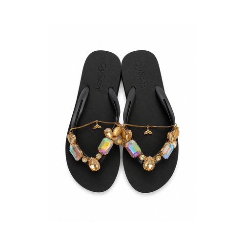 Aurora Luxe Crystal Charm Flip Flops – Black