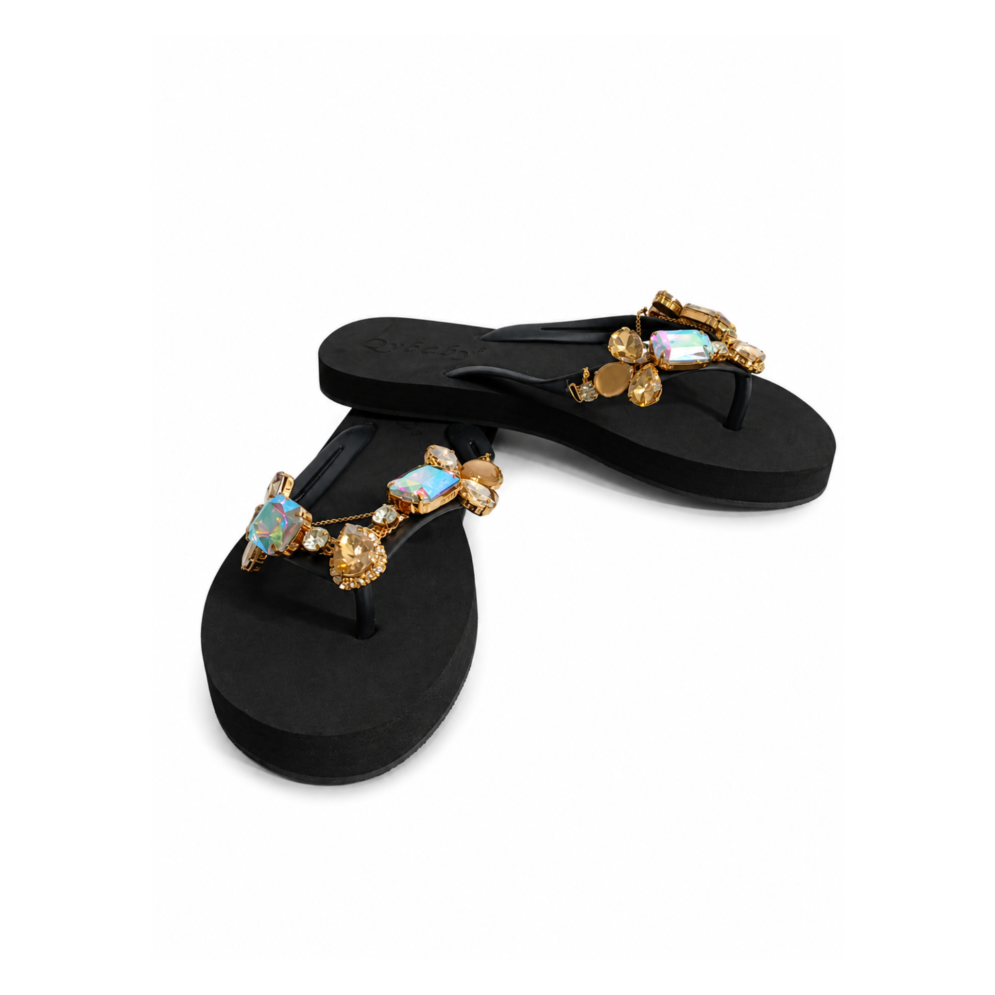 Aurora Luxe Crystal Charm Flip Flops – Black