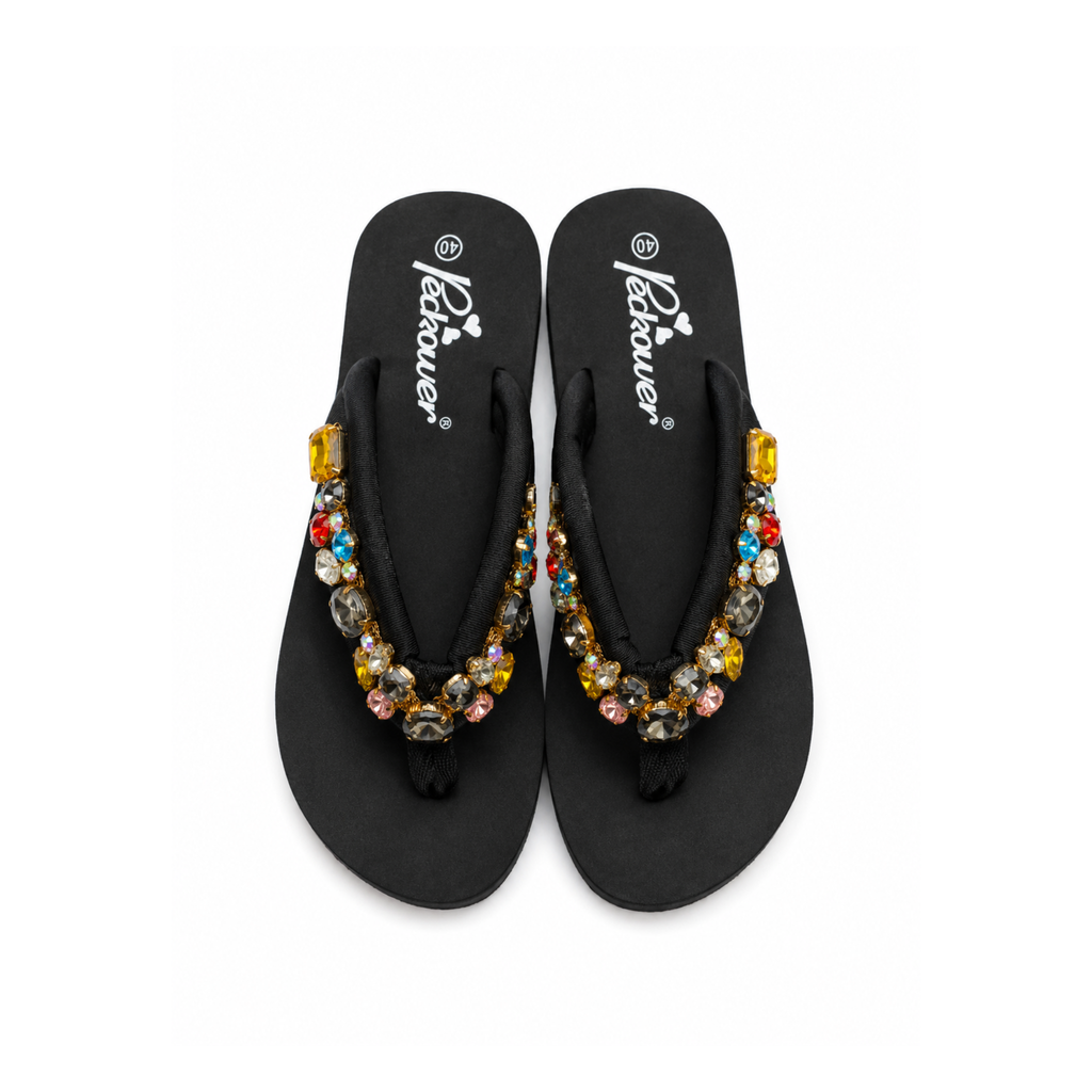 Midnight Jewel Embellished Flip Flops – Black