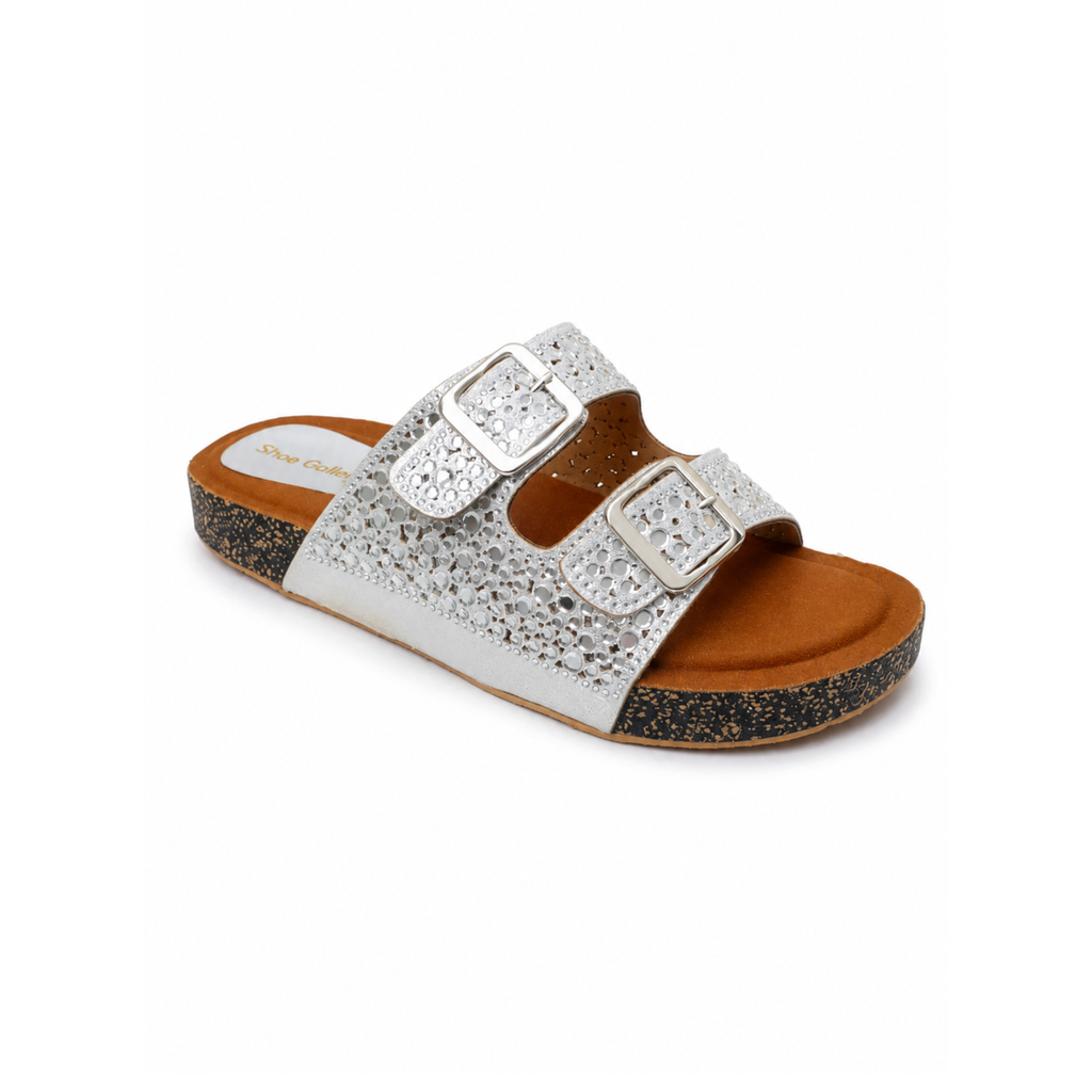 Silver Crystal Double Buckle Comfort Slides