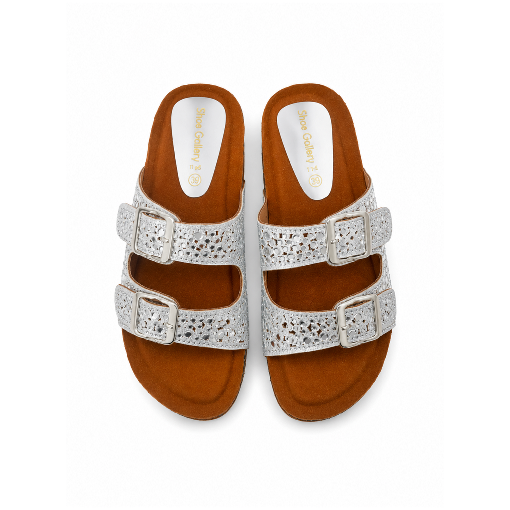 Silver Crystal Double Buckle Comfort Slides