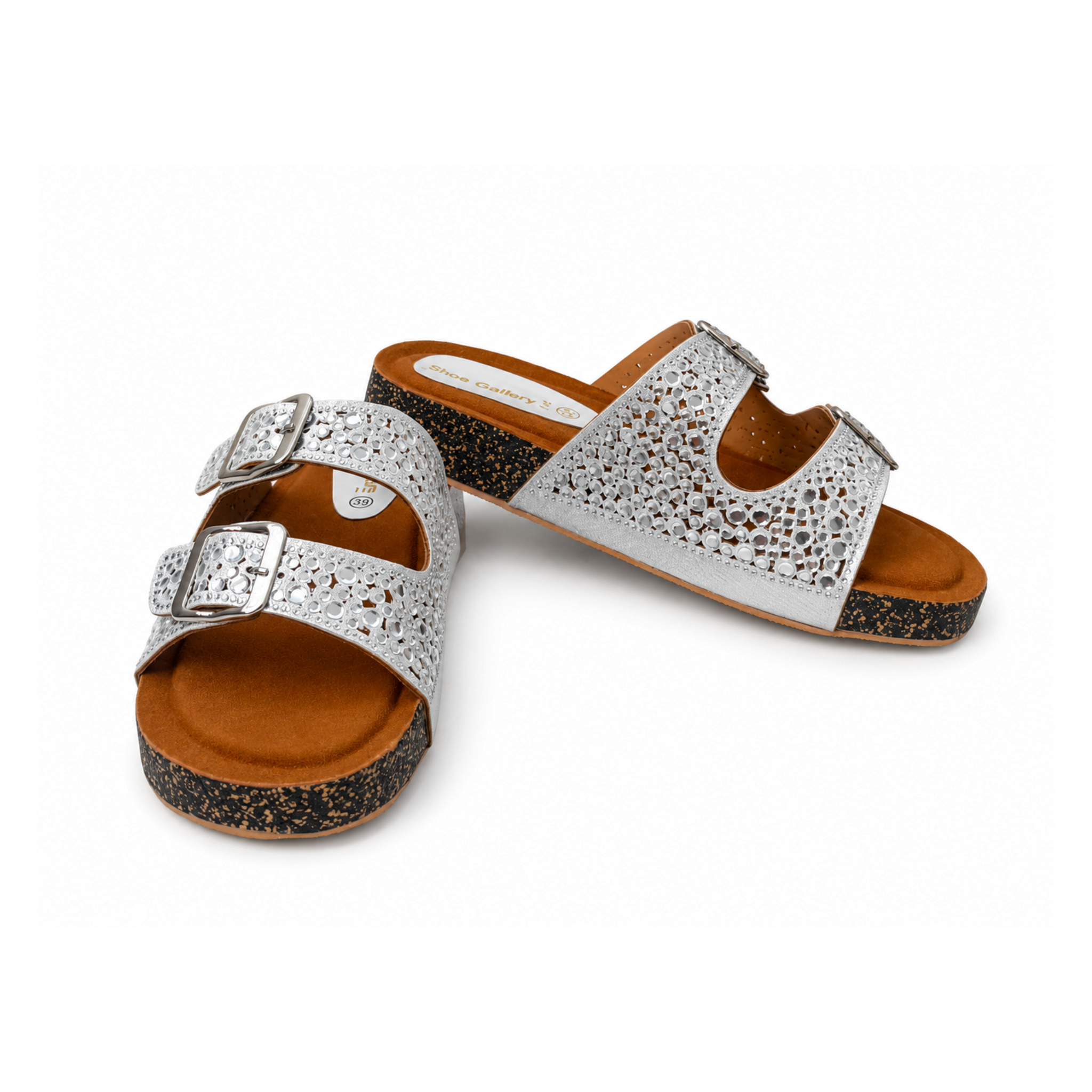 Silver Crystal Double Buckle Comfort Slides