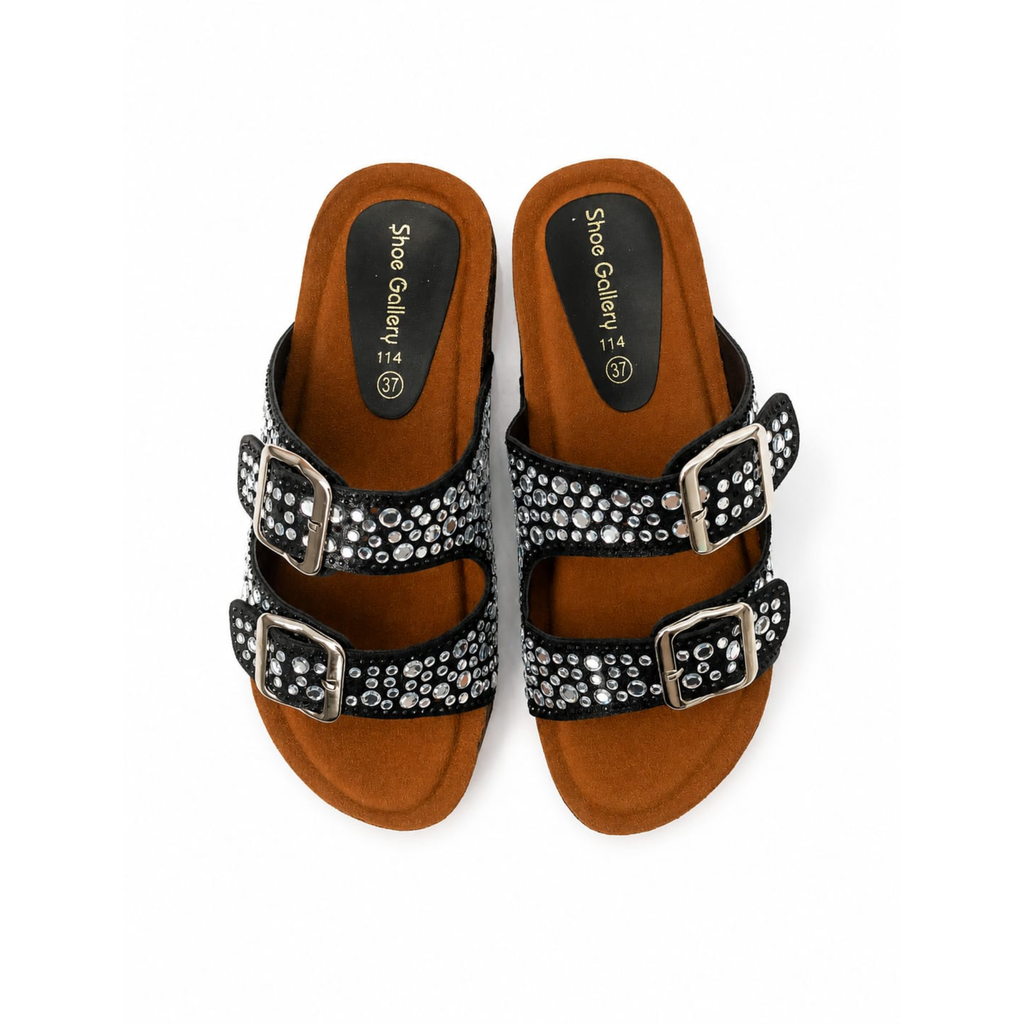 Black Crystal Double Buckle Comfort Slides