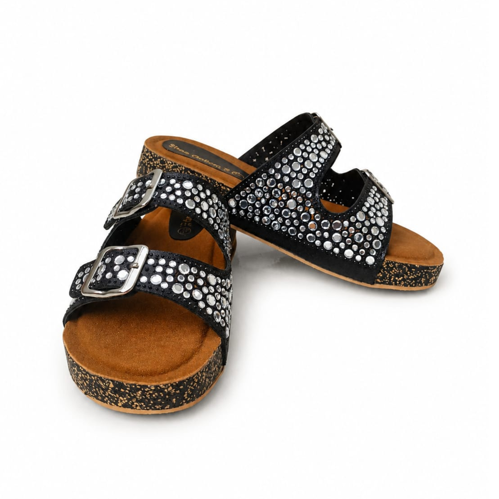 Black Crystal Double Buckle Comfort Slides