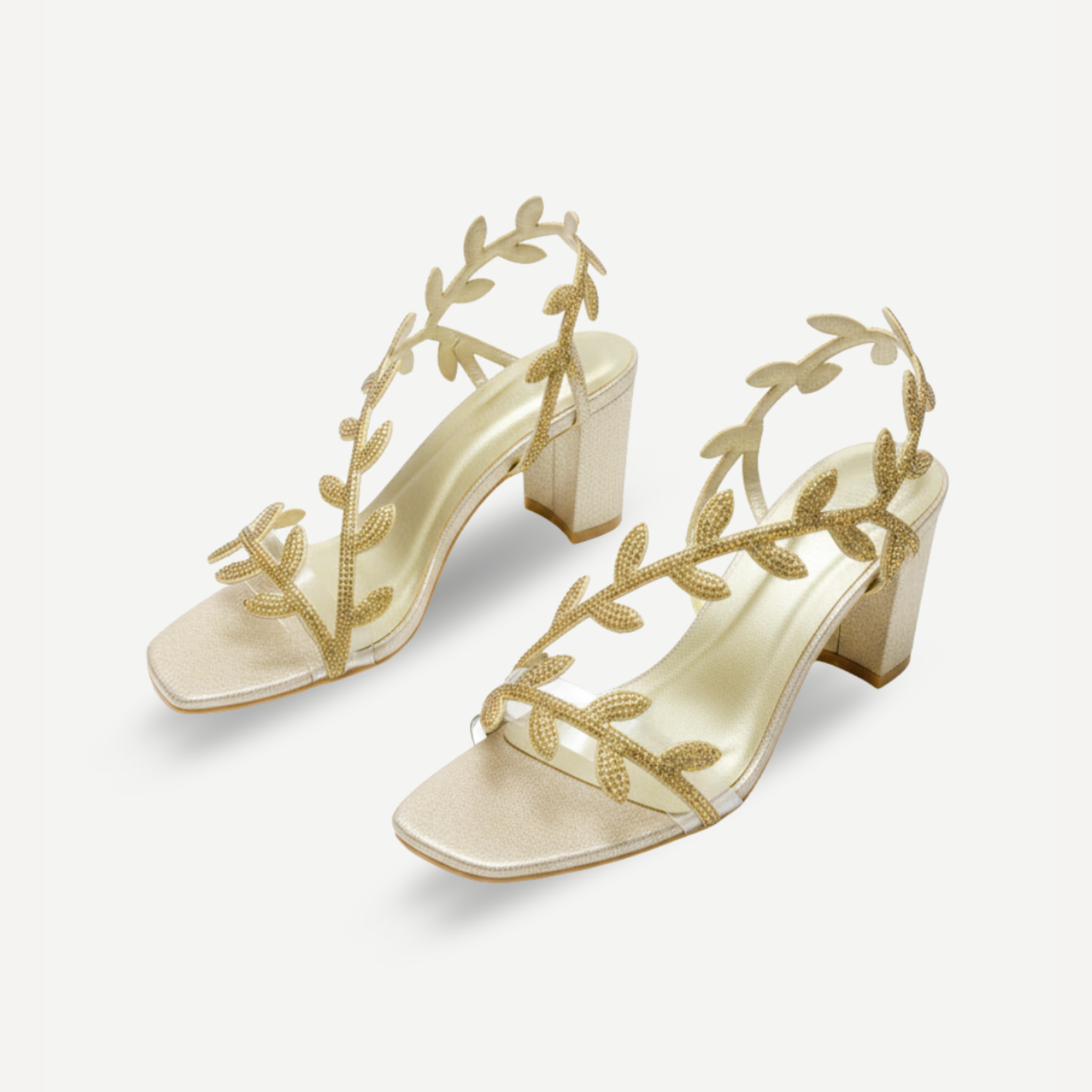 Crystal Leaf Block Heel Sandals